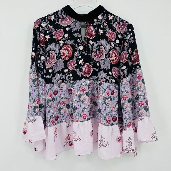 LOFT Size Small Purple Floral Velvet Mock Neck Keyhole Boho Blouse Top - Picture 1 of 8